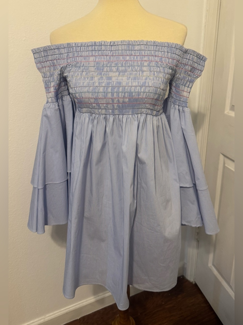 AQUA Off Shoulder Smocked Bell Sleeve Dress Blue White Stripe Cotton Blend M